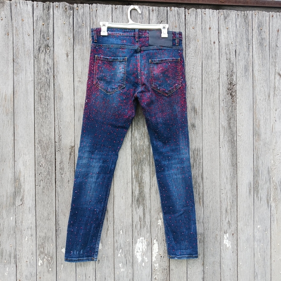 Avenue George V  Red Rhinestone Skinny Jeans Mens Sz 32 Button Fly Distressed - Picture 7 of 11